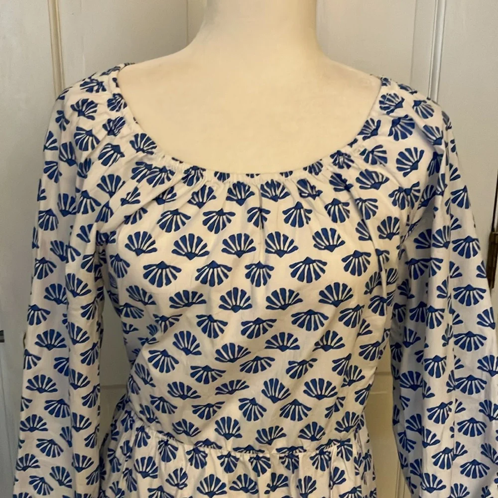 J Crew blue & white ginkgo pattern dress 10 EUC cottagecore